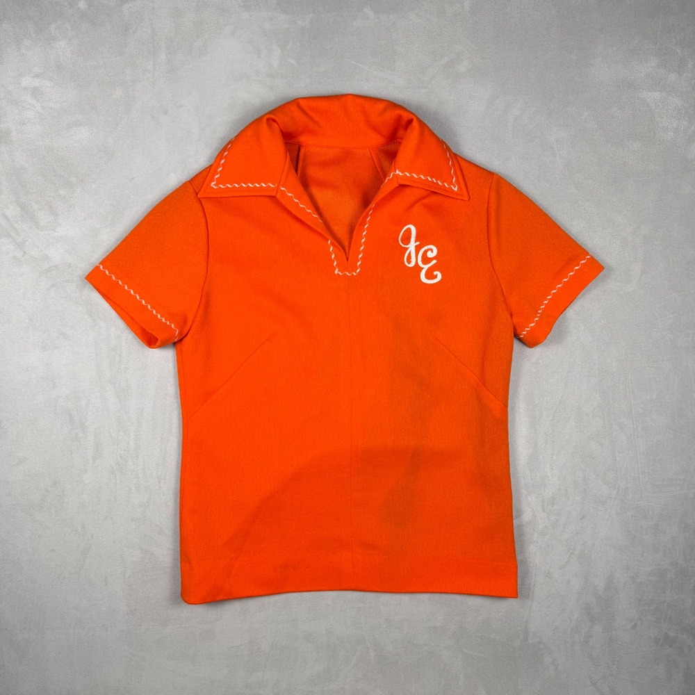 70s Women Unbranded Joyce Ellen Embroidered Baby Polo Orange Small